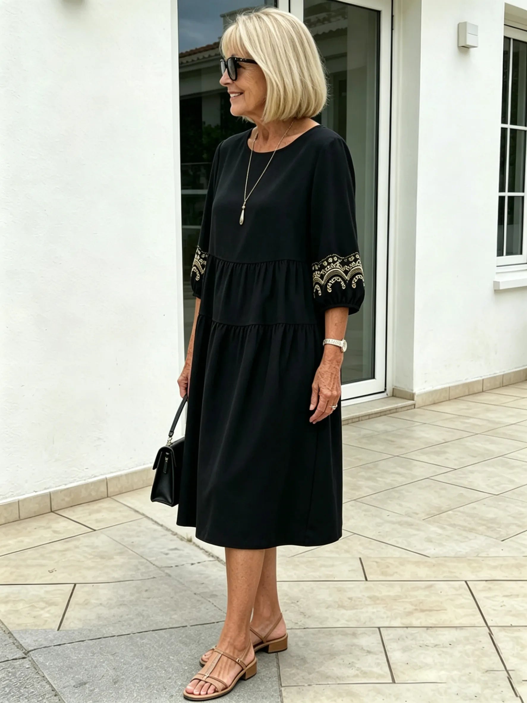 Navy Blue Tiered Midi Dress, Gold Embroidered 3/4 Sleeve Round Neck Loose Tummy Concealing Elegant Dress