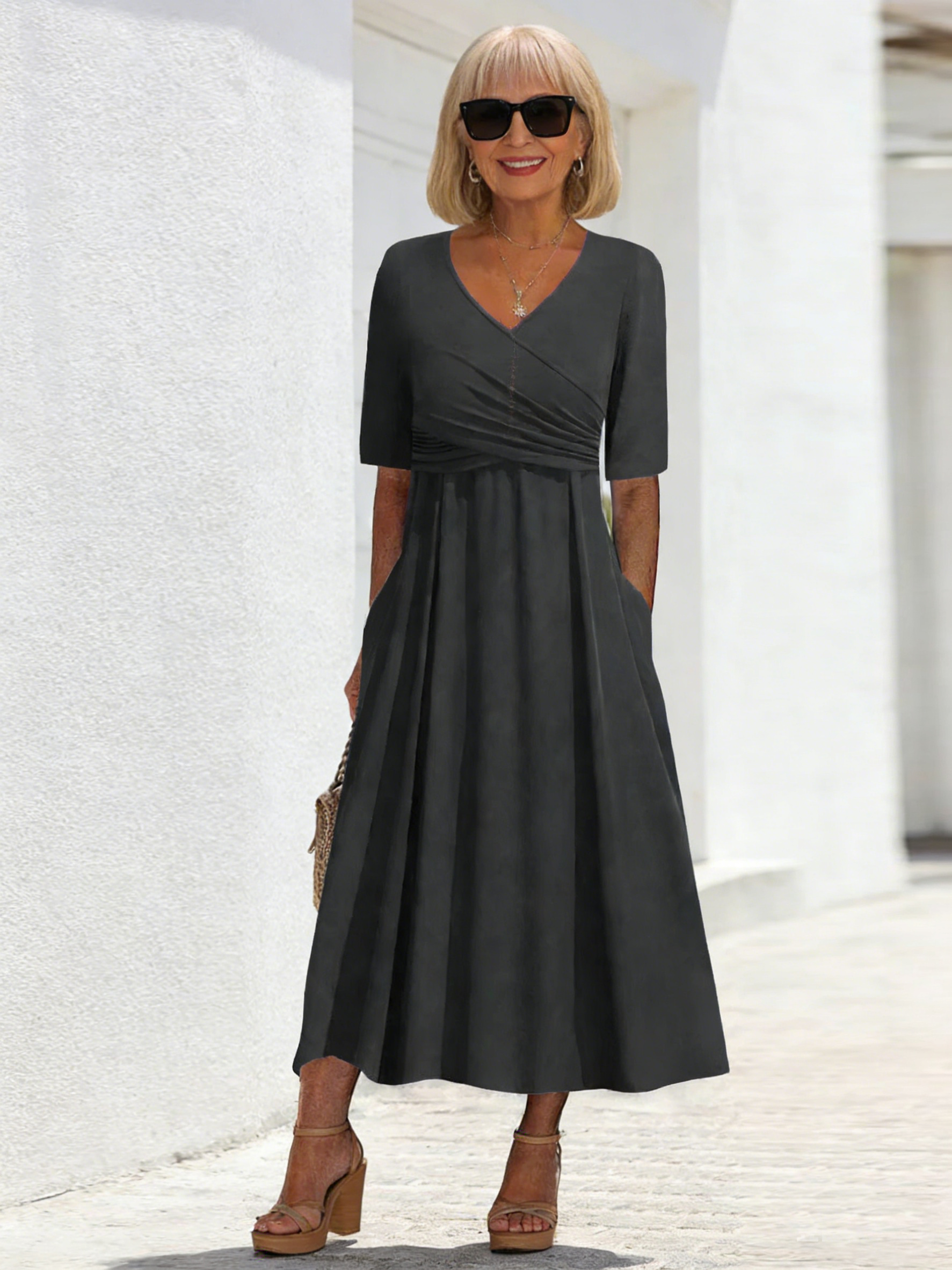Fashion Solid Color Cross V-Neck Short Sleeve Personality Dress Women's Clothing