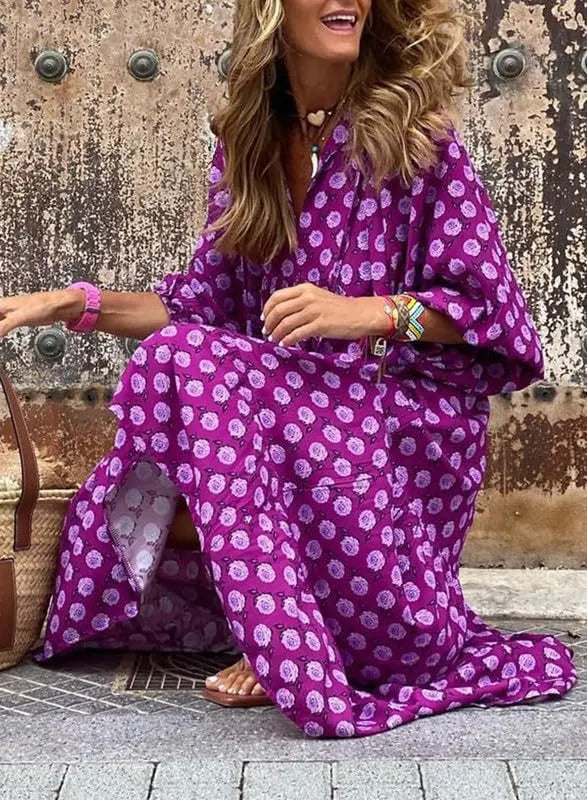 Women's Puff Sleeve Floral Boho Maxi Dress