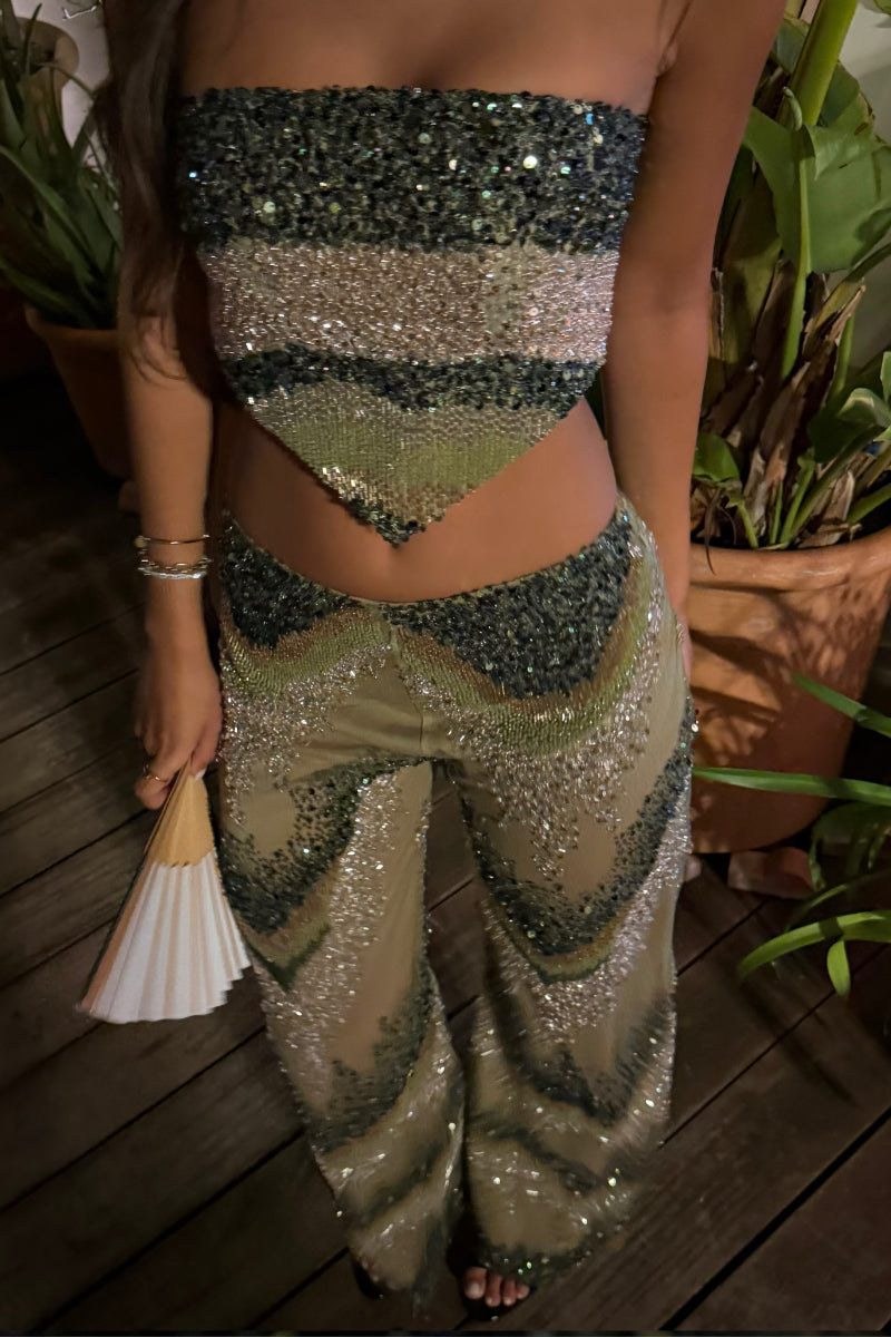 Sequin Tube Top & Flare Pants Two Piece Set