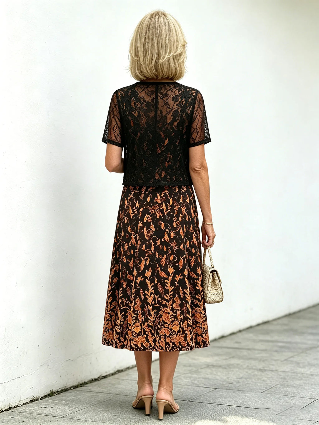 Red Gold Floral Lace Fake Two-Piece Midi Dress, Round Neck Short Sleeve Slimming Elegant Dress for Elderly Women