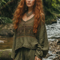 Bohemian Holiday Style Vintage Embroidered Print Casual Long-sleeved Top