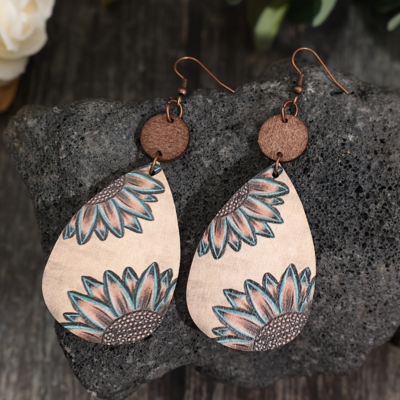 Unique Droplet Shape Wooden Dangle Earrings - Retro Bohemian Style, Sunflower Print, Trendy Female Ear Ornaments with Natural Wood Grain and Hypoallergenic Posts for Sensitive Skin - Perfect for Everyday Wear and Gift Giving