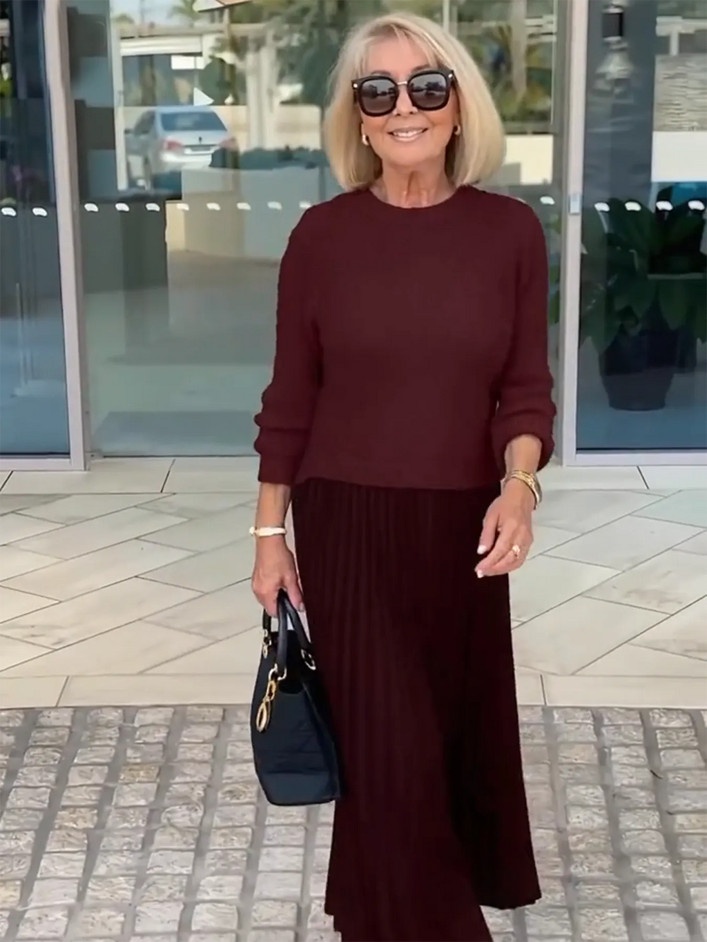 Knitted Long-sleeved Splicing Pleated Dress
