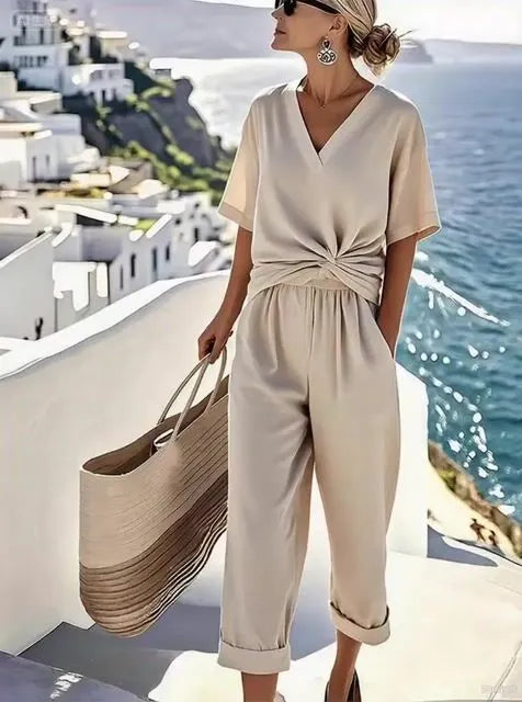 Women's Summer Cotton&Linen Cross-Pleated Suit