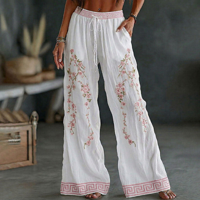 Women's Japanese Flower Art Print Wide Leg Linen Pants