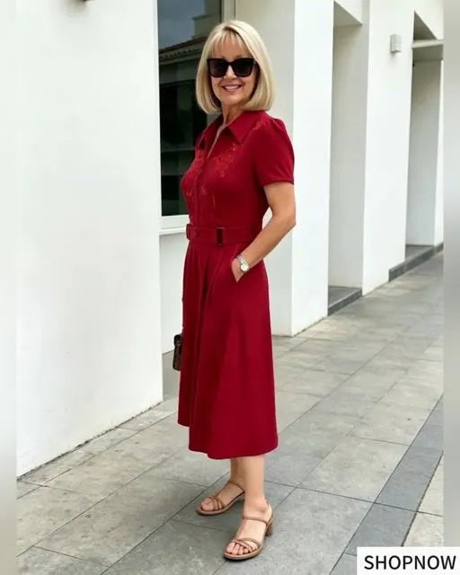 Brown Collared Sequin Embellished A-Line Midi Dress, Belted Waist Short Sleeve Elegant Dress for Mature Plus Size Women