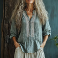 Women's Plain V-neck Linen Thin Three-quarter Sleeve Shirt
