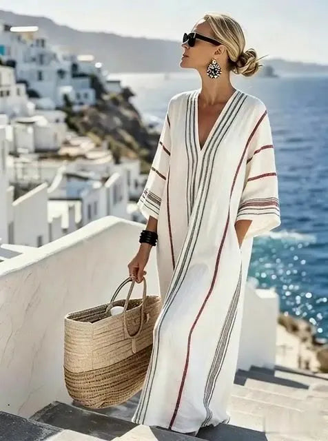 Women'S Casual Color-Block Cotton And Linen Dress