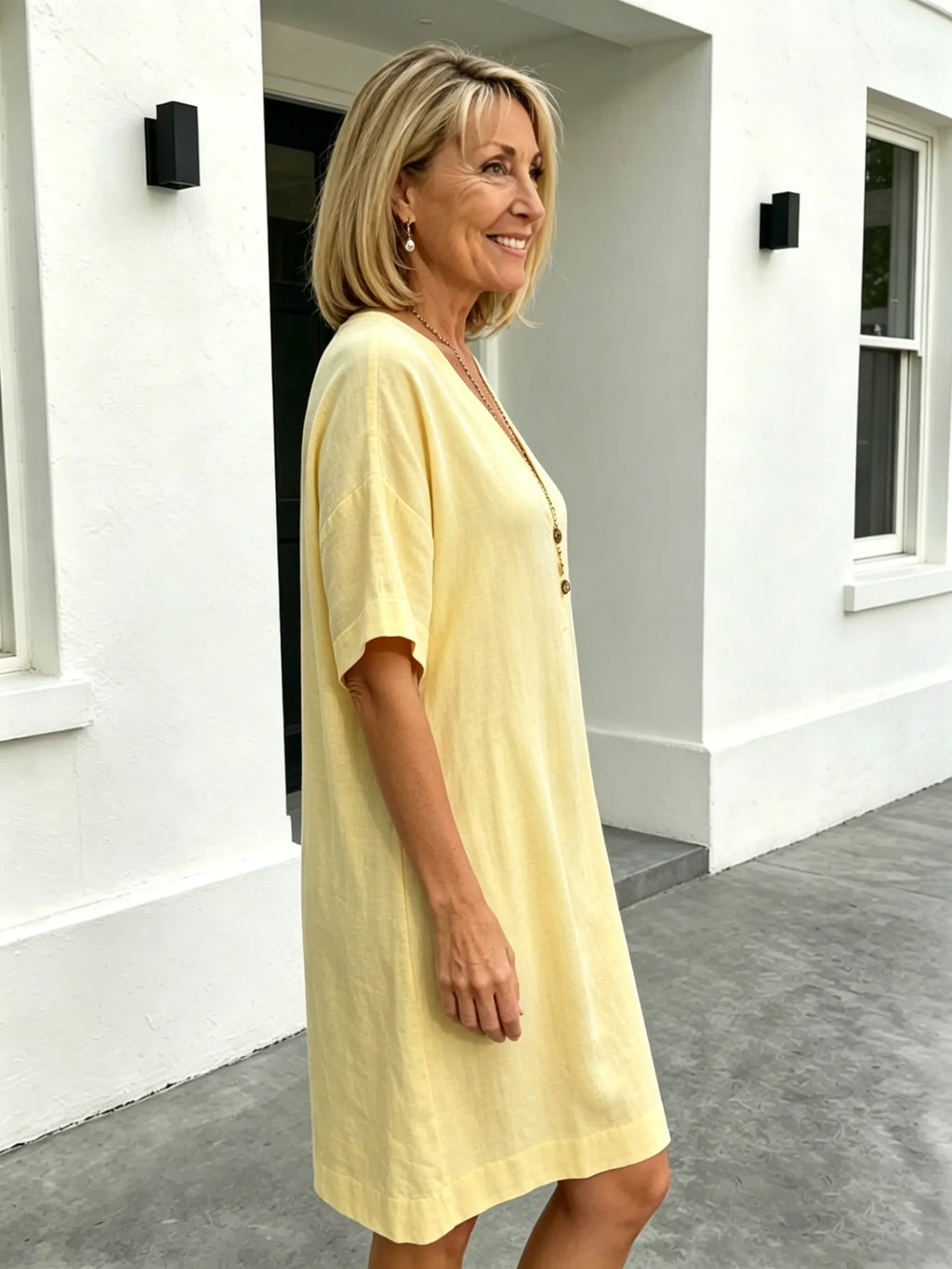 Short Sleeve V-Neck Cotton and Linen Loose Summer Dress