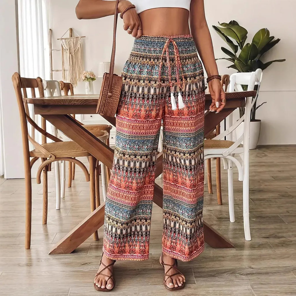 Bohemian Print Women's Casual High-waisted Elastic Trousers