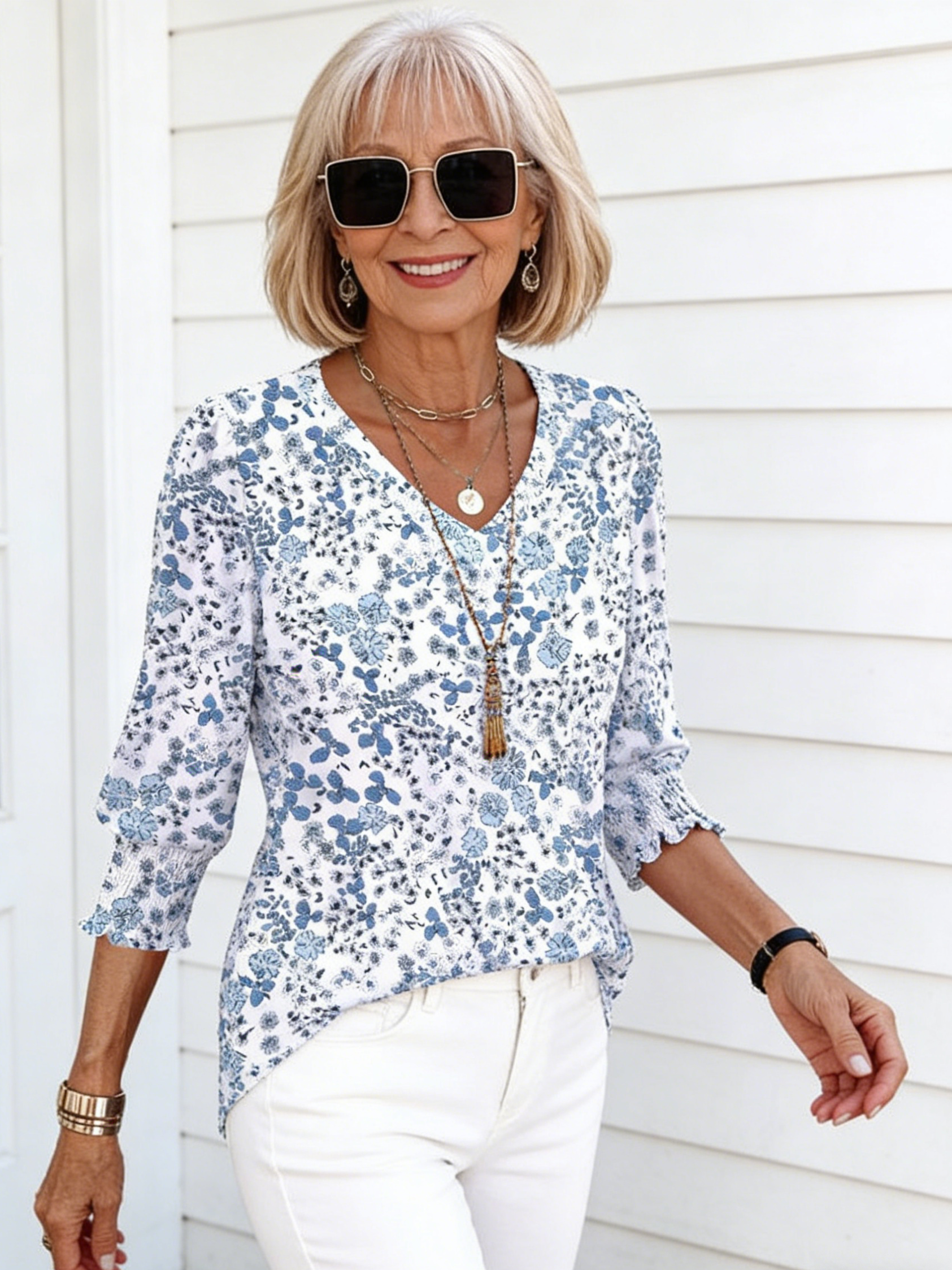 Seven-quarter-sleeved V-neck Printed Loose Casual T-shirt Top