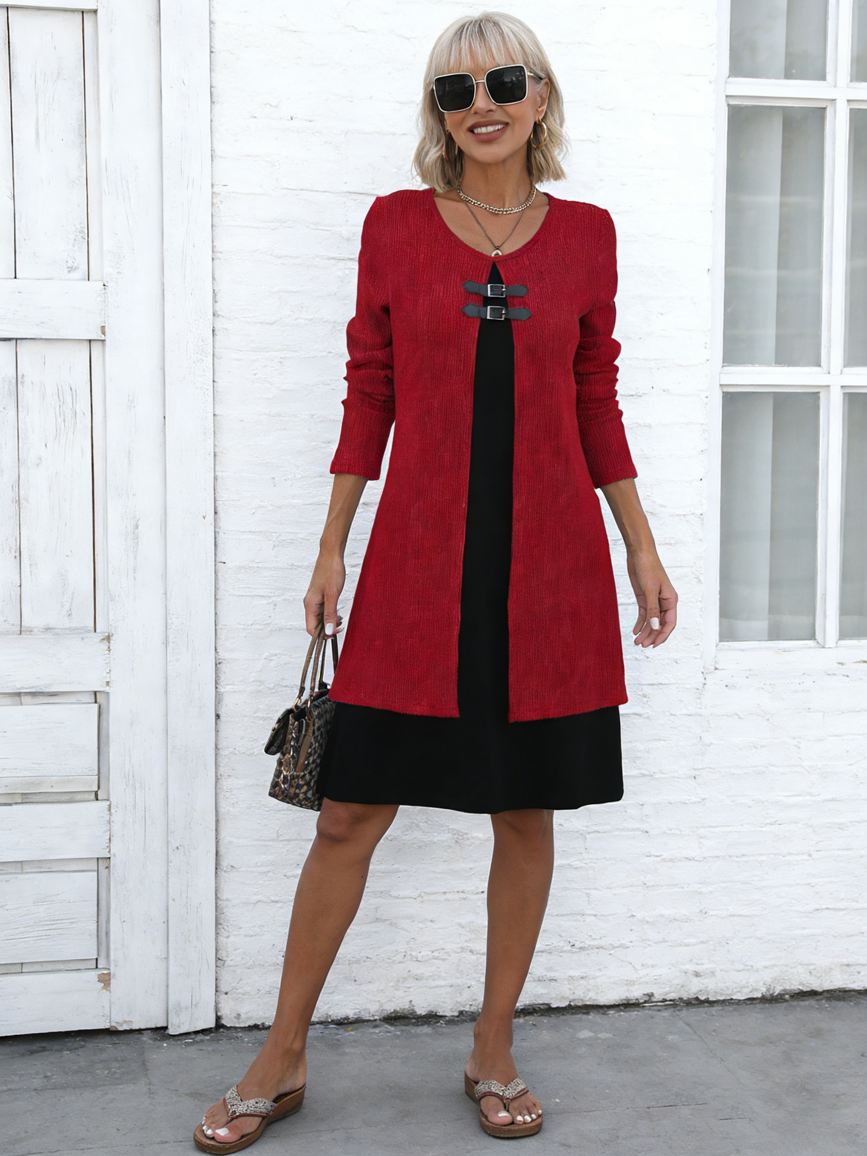 Contrasting Color Fake Two-piece Button Slim Dress