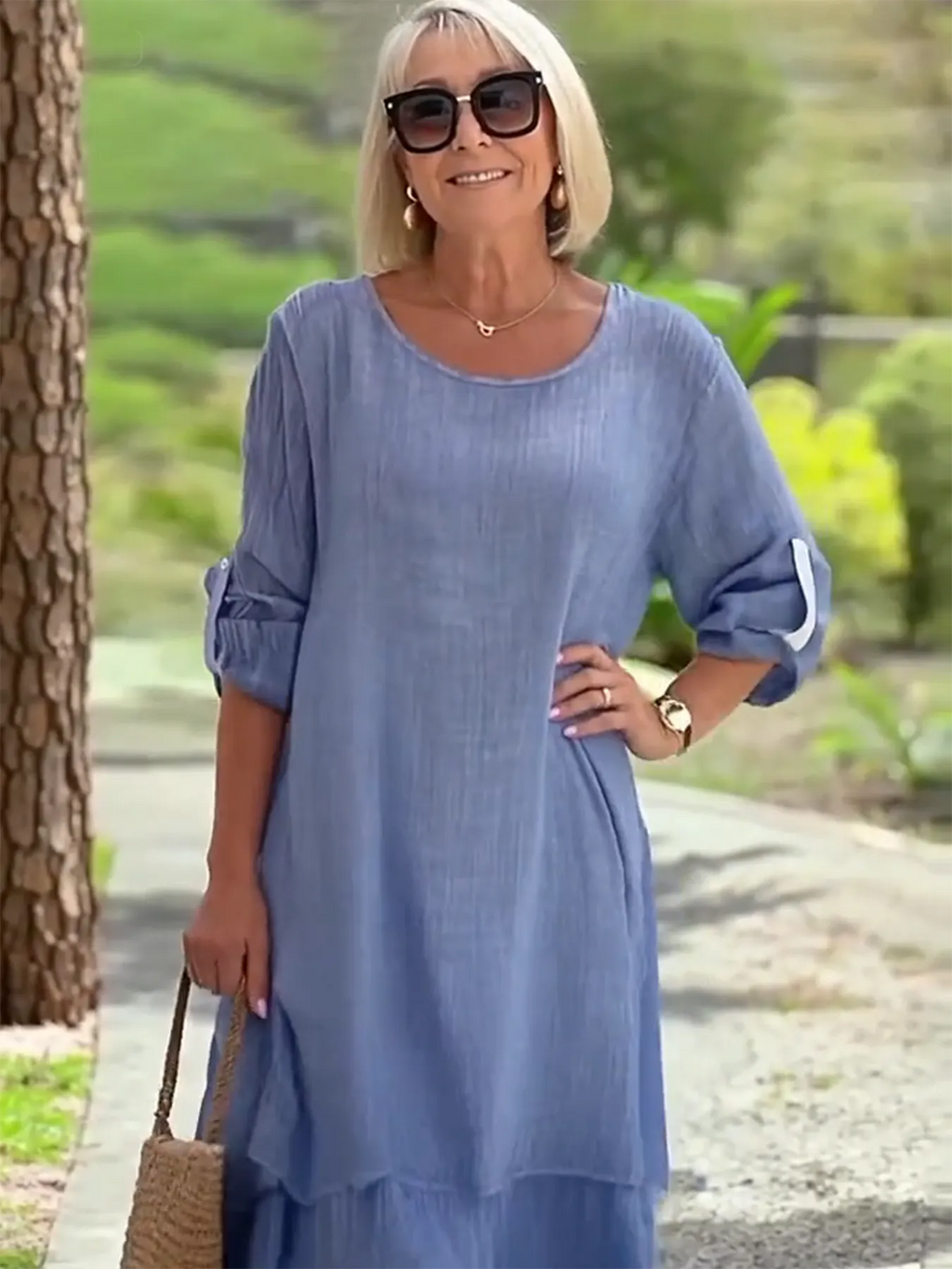 Casual Round Neck Long sleeved Double layered Elegant Solid Color Dress