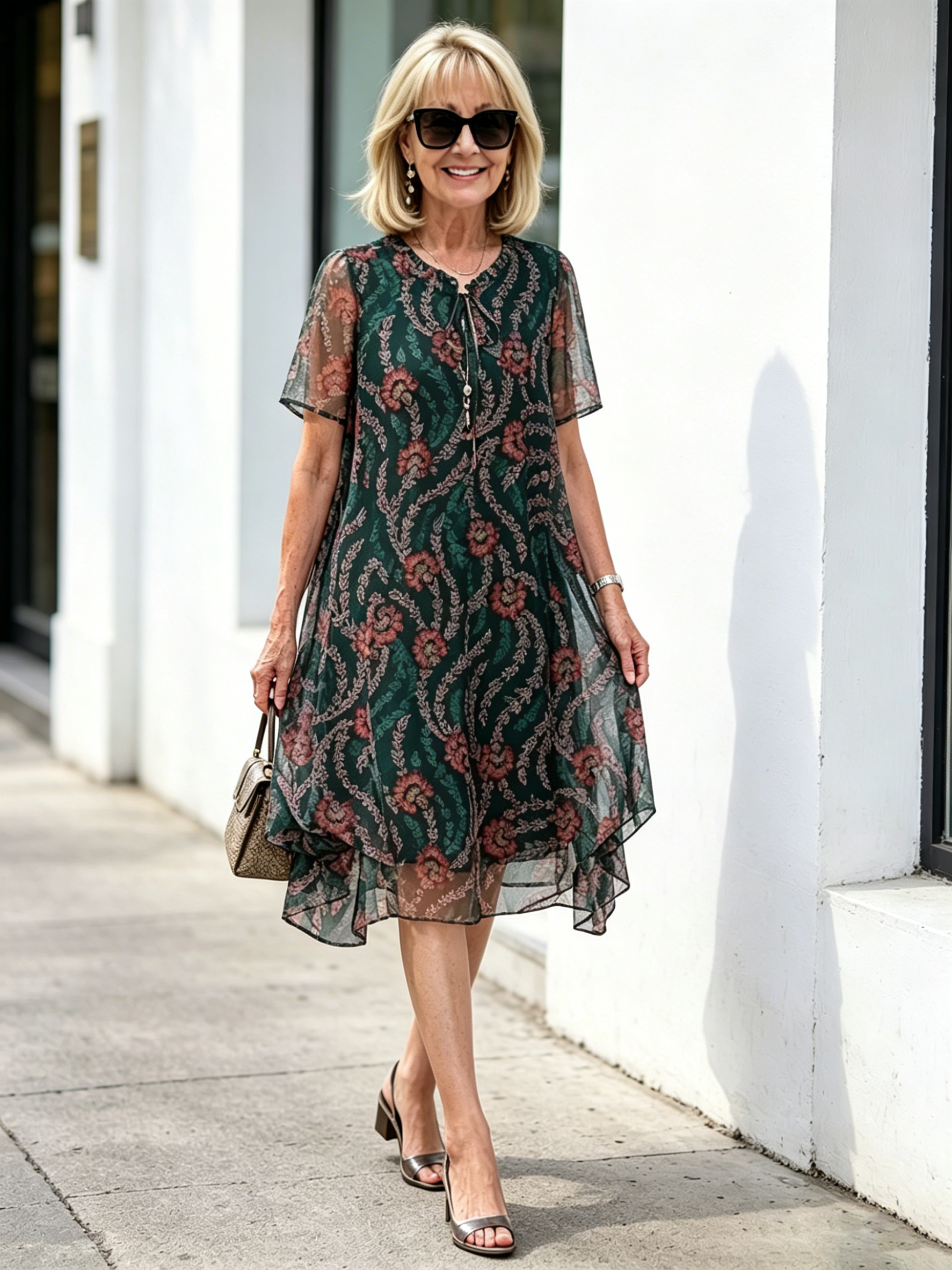 Dark Green Floral Print Mesh Midi Dress, Tie Neck Short Sleeve Loose Tummy Concealing Elegant Dress for Mature Women