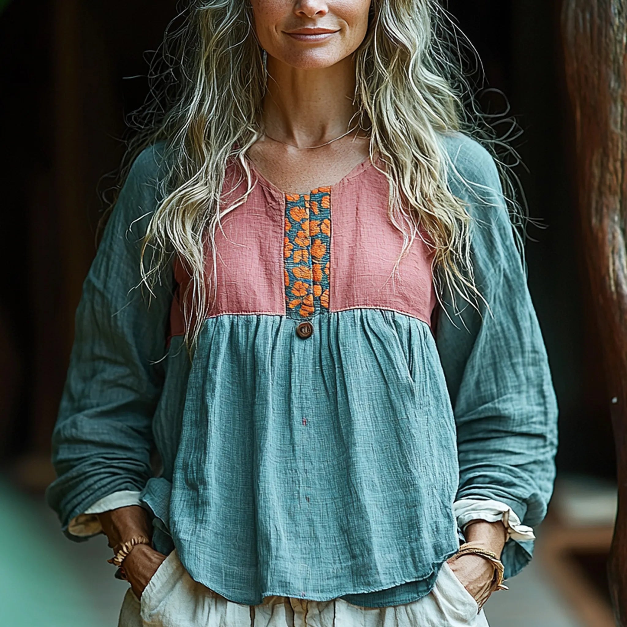 Women's Linen Contrast Panel Bohemian Shirt