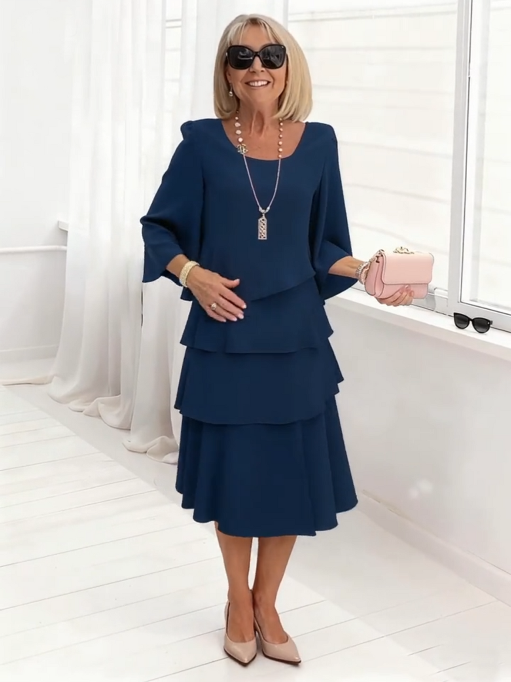 Long Dress Half Sleeve Fashion Cake Skirt Women's Temperament Loose and Thin Round Neck Dress
