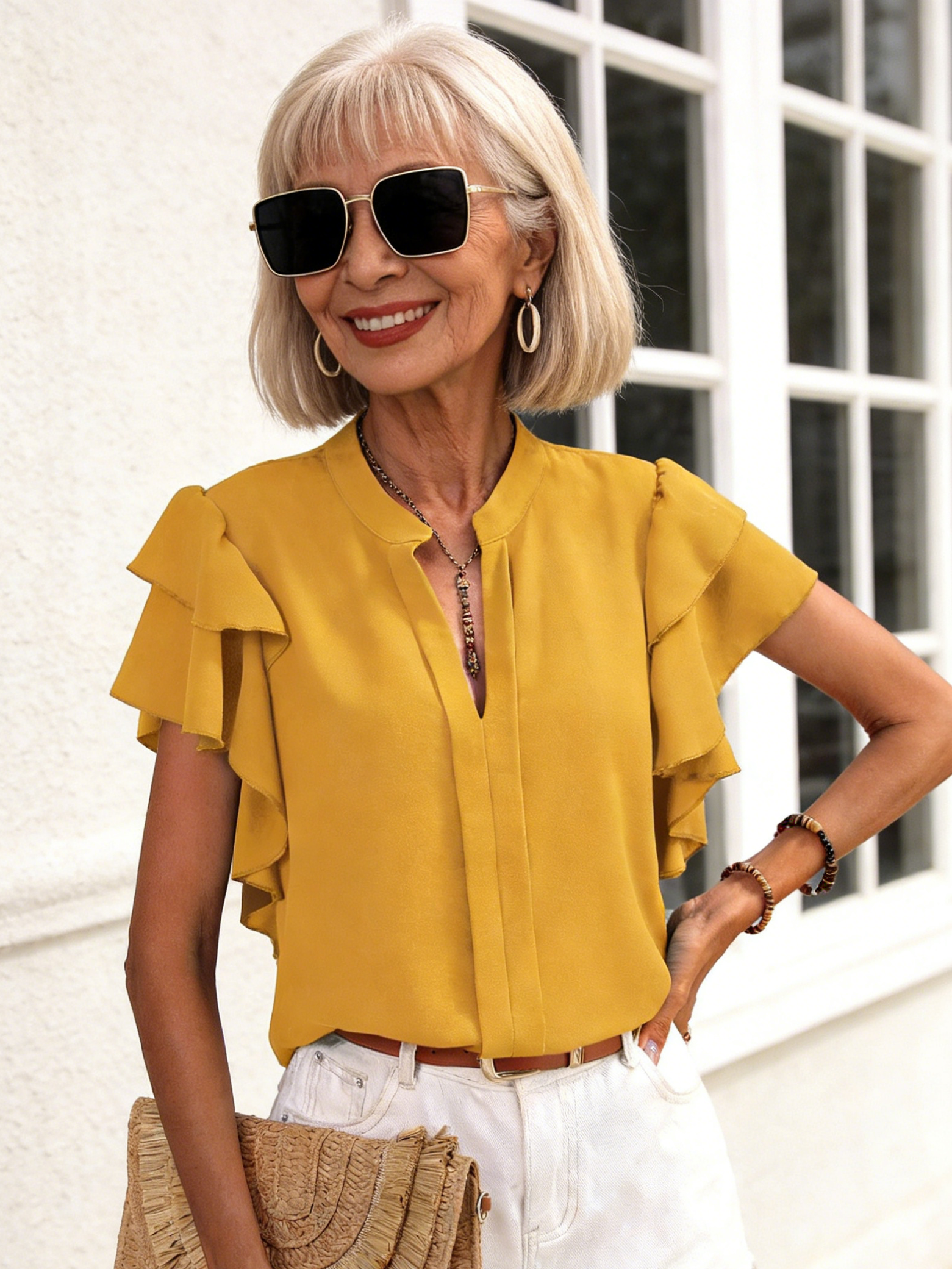 V-neck Casual Double-layer Lotus Leaf Sleeve Solid Color Shirt Top