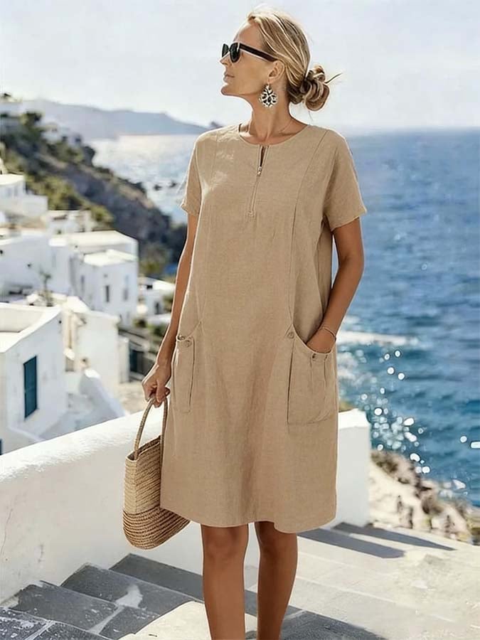 Women'S Casual Loose-Fitting Solid Color Cotton And Linen Dress