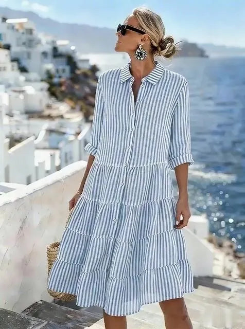 Women'S Casual Striped Color-Block Cotton And Linen Dress