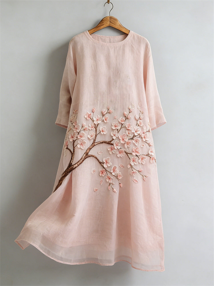 Cherry Blossom Japanese Flowy Linen Maxi Dress