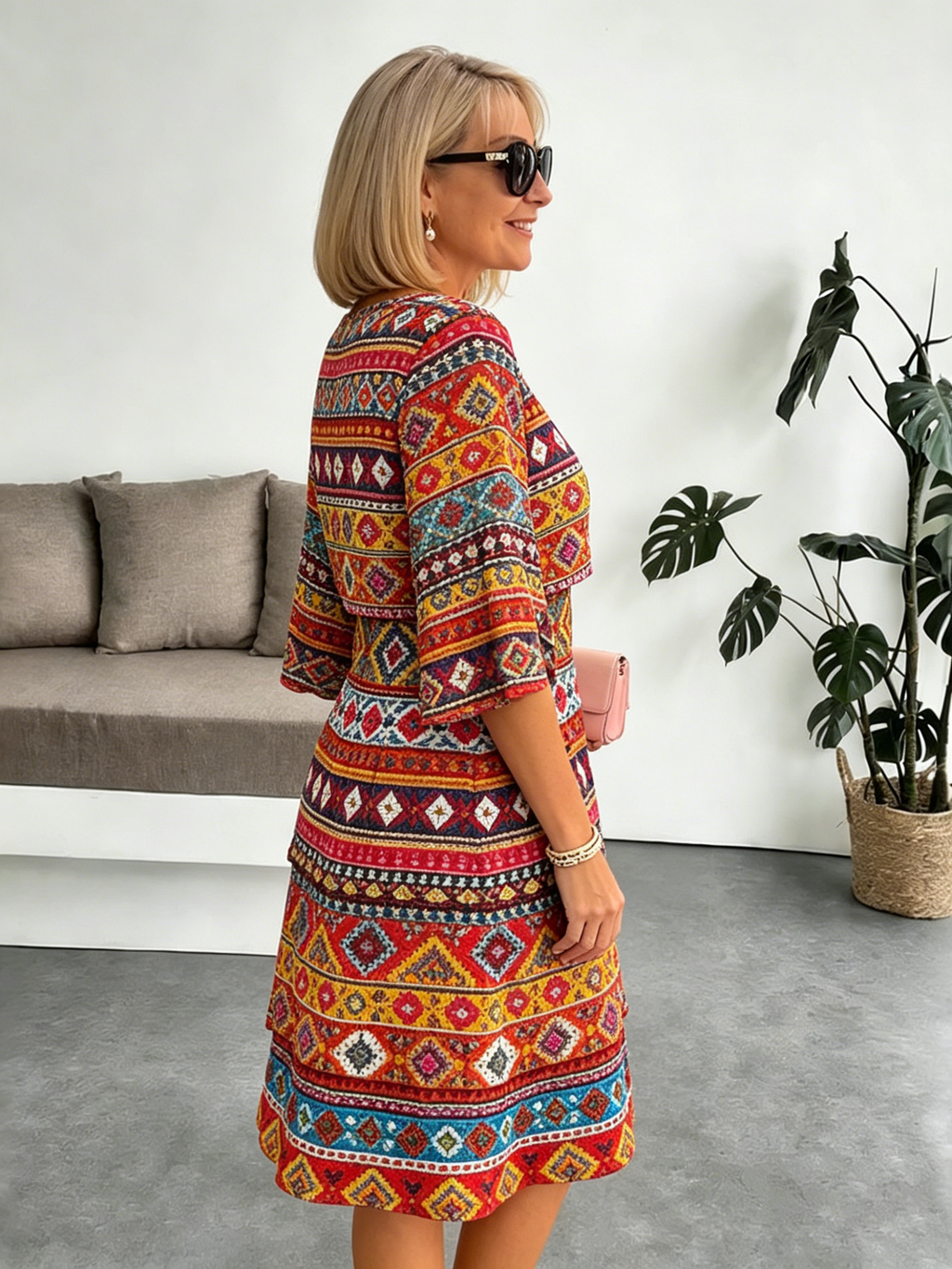 Chiffon Paisley Vacation Prints Color Round Neck Cake Skirt Splicing Dress Mid-length