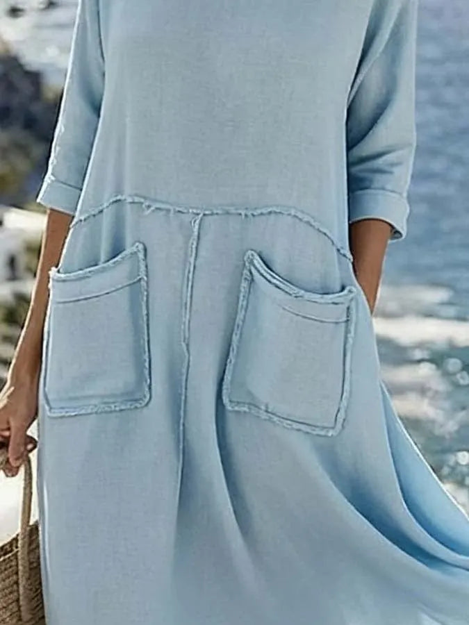 Women'S Casual Solid Color Dress With Large Pockets