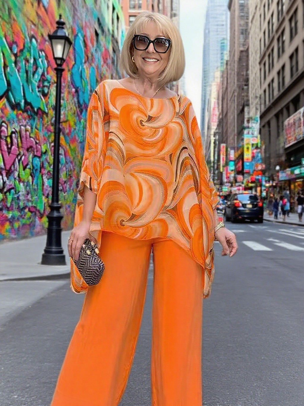 2Pcs Color Chiffon Set Casual Crew Neck Printed Two-piece Set Women