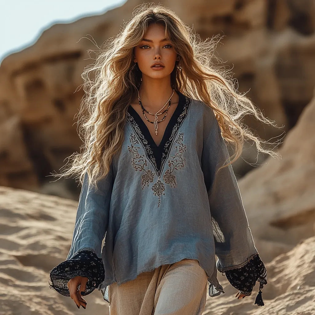 Desert Style Holiday Bohemian Vintage Linen Casual Top