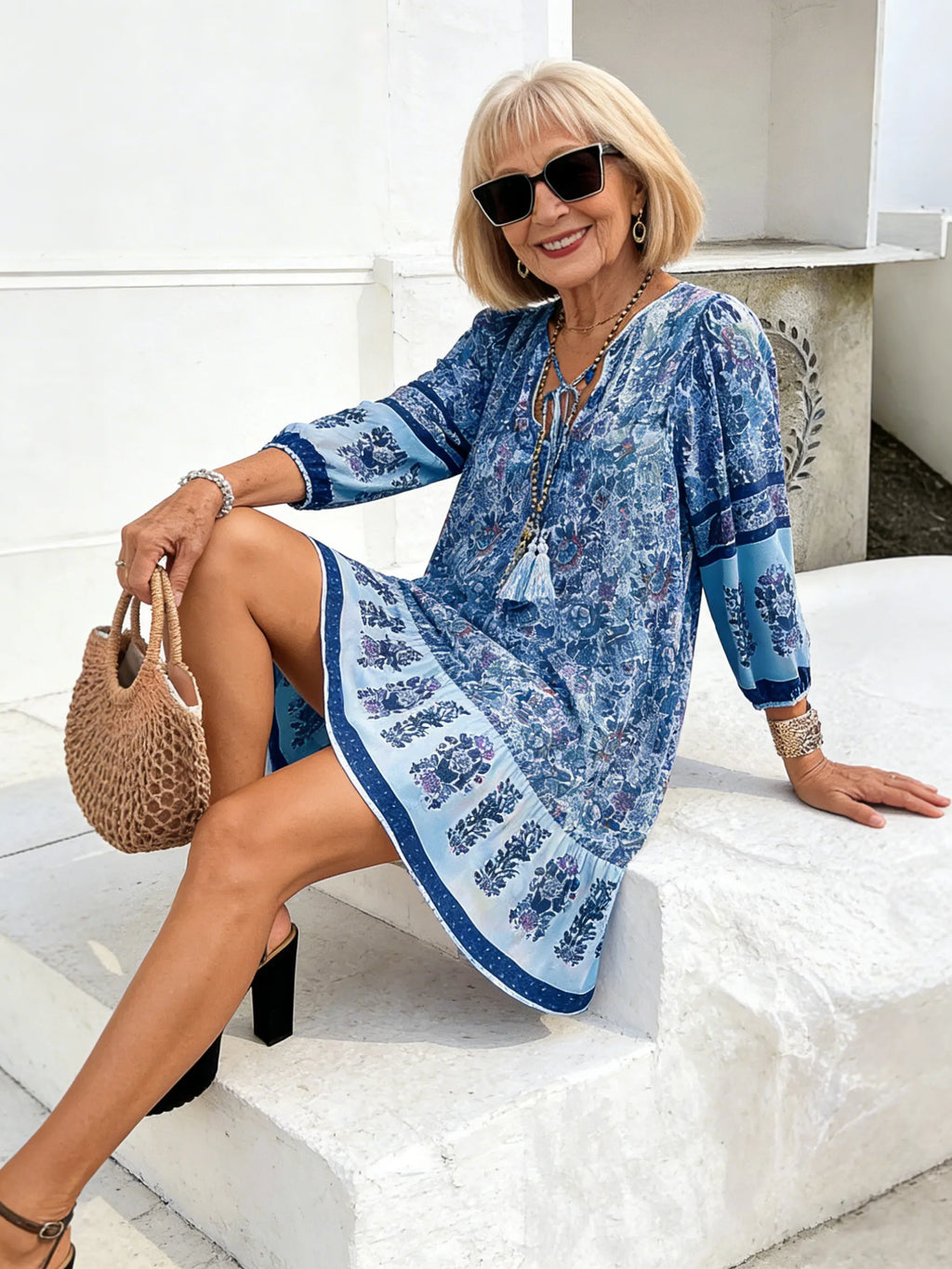 Vacation Dress Printed Shirt Casual Bohemian Vacation V-Neck Dress