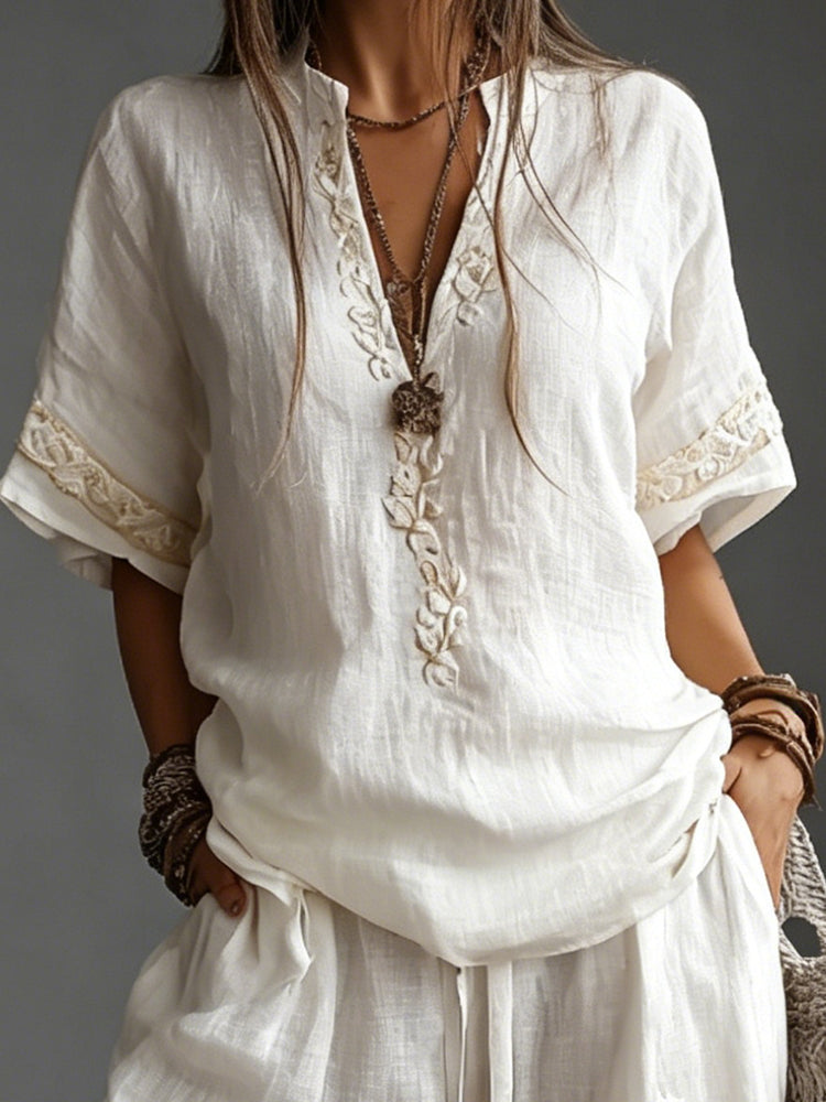 Women's Vintage Japanese Floral Art Linen Blend Shirt