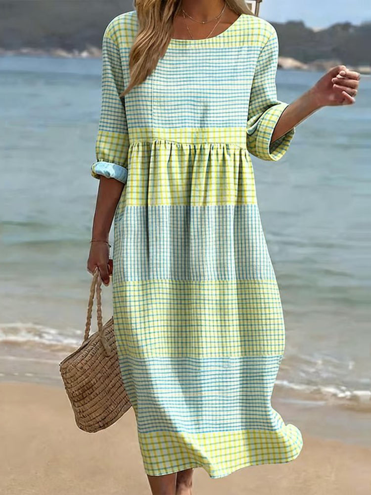 Women's Japanese Color Block Art Linen-blend Maxi Dress