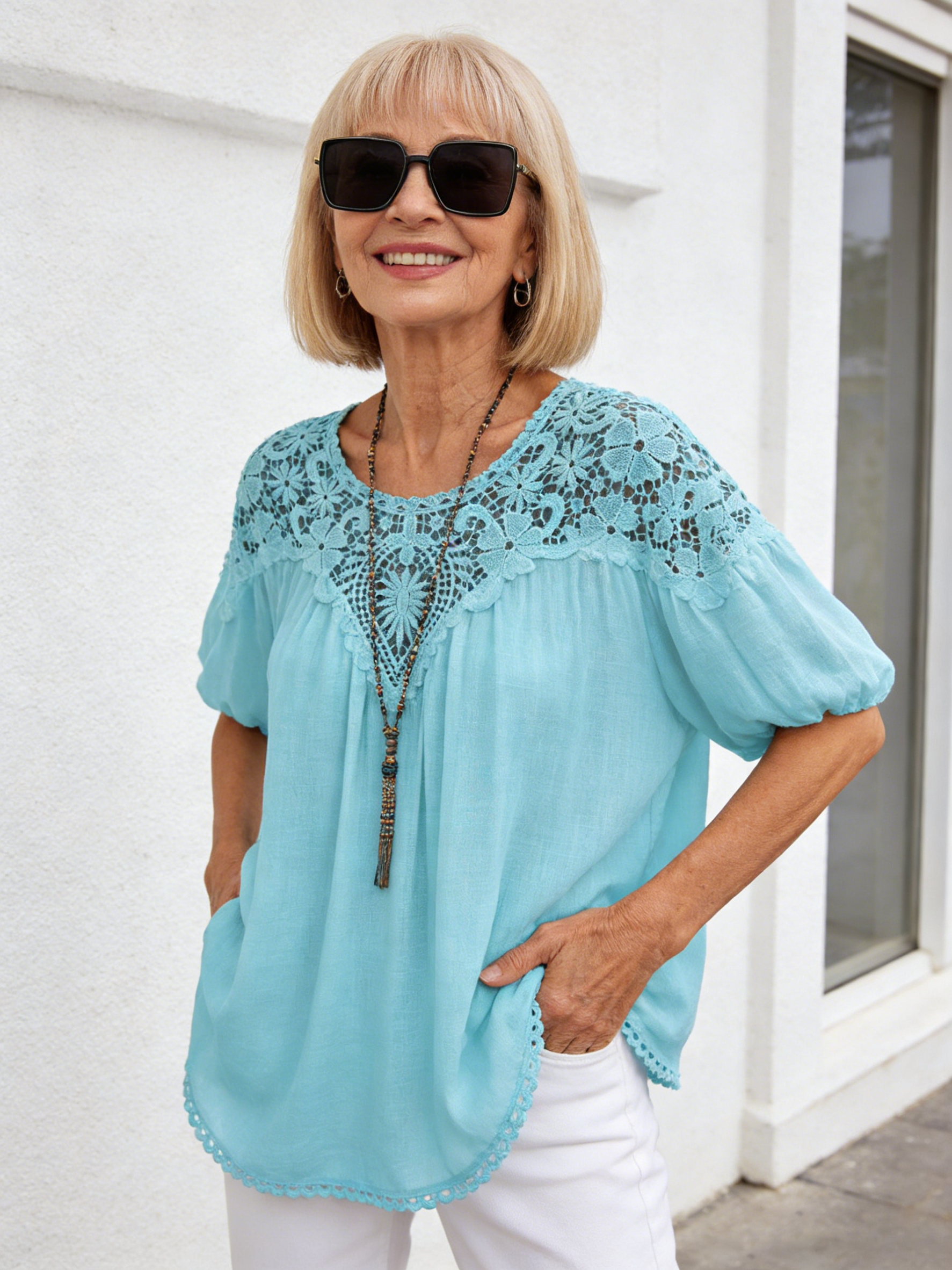 Casual Solid Color Lace Splicing Round Neck Short Sleeve Loose Women's Shirt