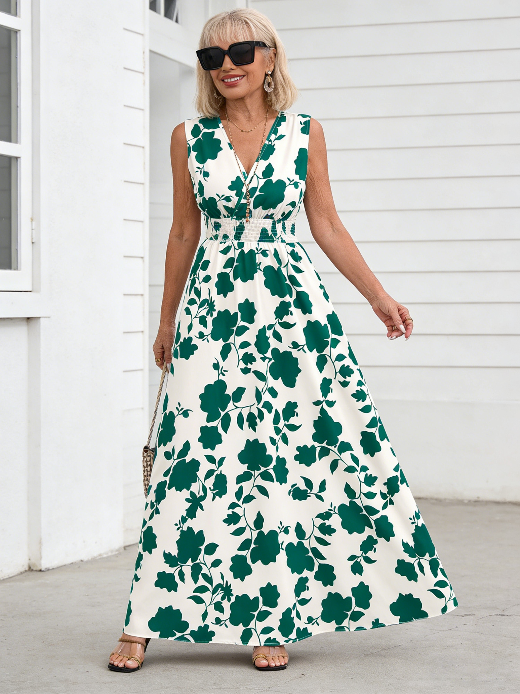 Short Sleeve Lace-Up Dress Printed V-Neck Long Dress Summer Waist Women's Clothing
