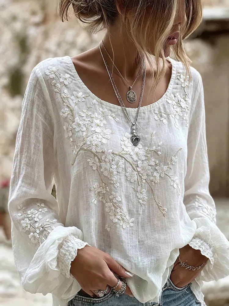 Women's Japanese Sakura Print Crew Neck Linen Blend T-shirt