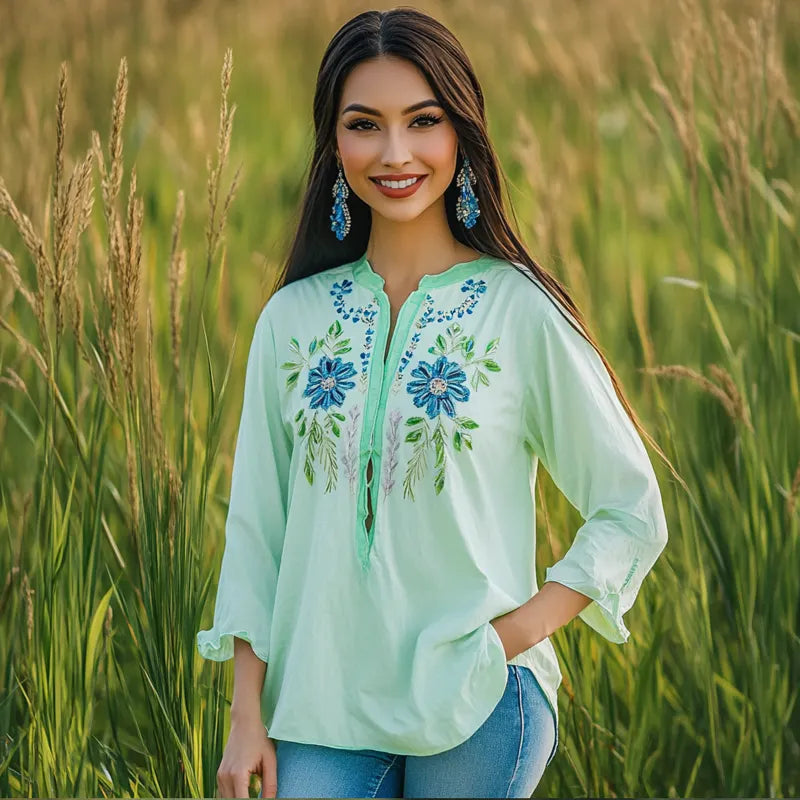 Women's Elegant Mexico Embroidered Floral Blouse In Pastel Green