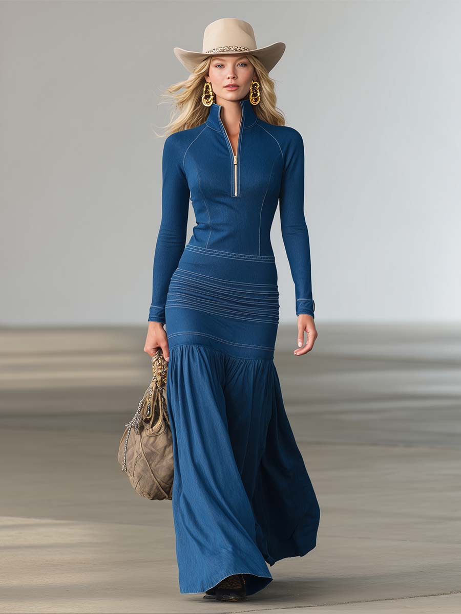 Women鈥檚 Structured Denim Zip Front Long Sleeve Maxi Dress