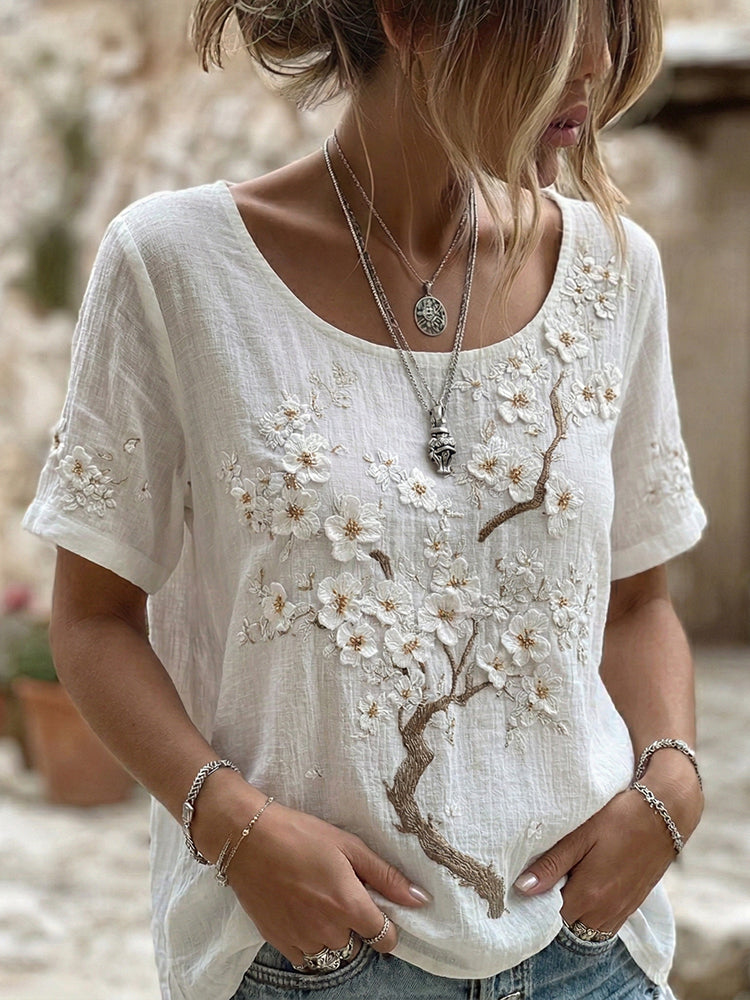Women's Japanese Cherry Blossom Art Crew Neck Short Sleeve Linen Blend T-shirt