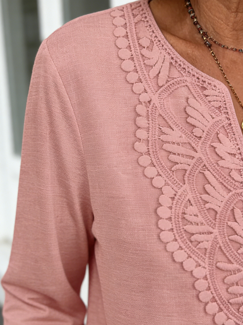 V-neck Lace Splicing Loose Women's Solid Color Seven-quarter Sleeve T-shirt Top Solid Color