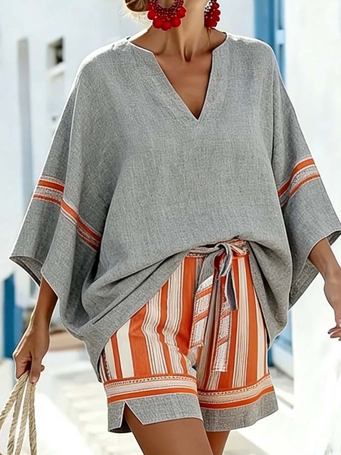 Women'S Loose Striped Holiday Shorts Set