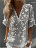 Women's Vintage Floral Print V Neck Linen Blend Short Sleeve T-shirt