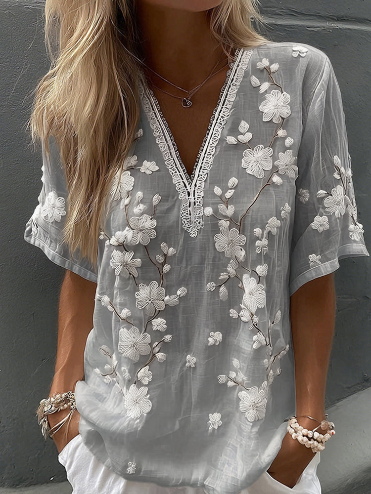 Women's Vintage Floral Print V Neck Linen Blend Short Sleeve T-shirt
