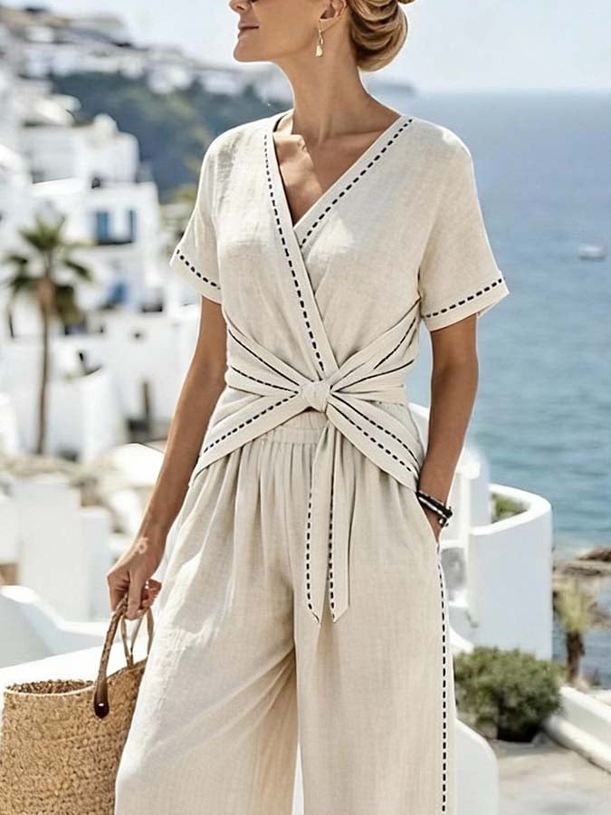 Women'S Casual Crossover Top And Wide-Leg Pants Set