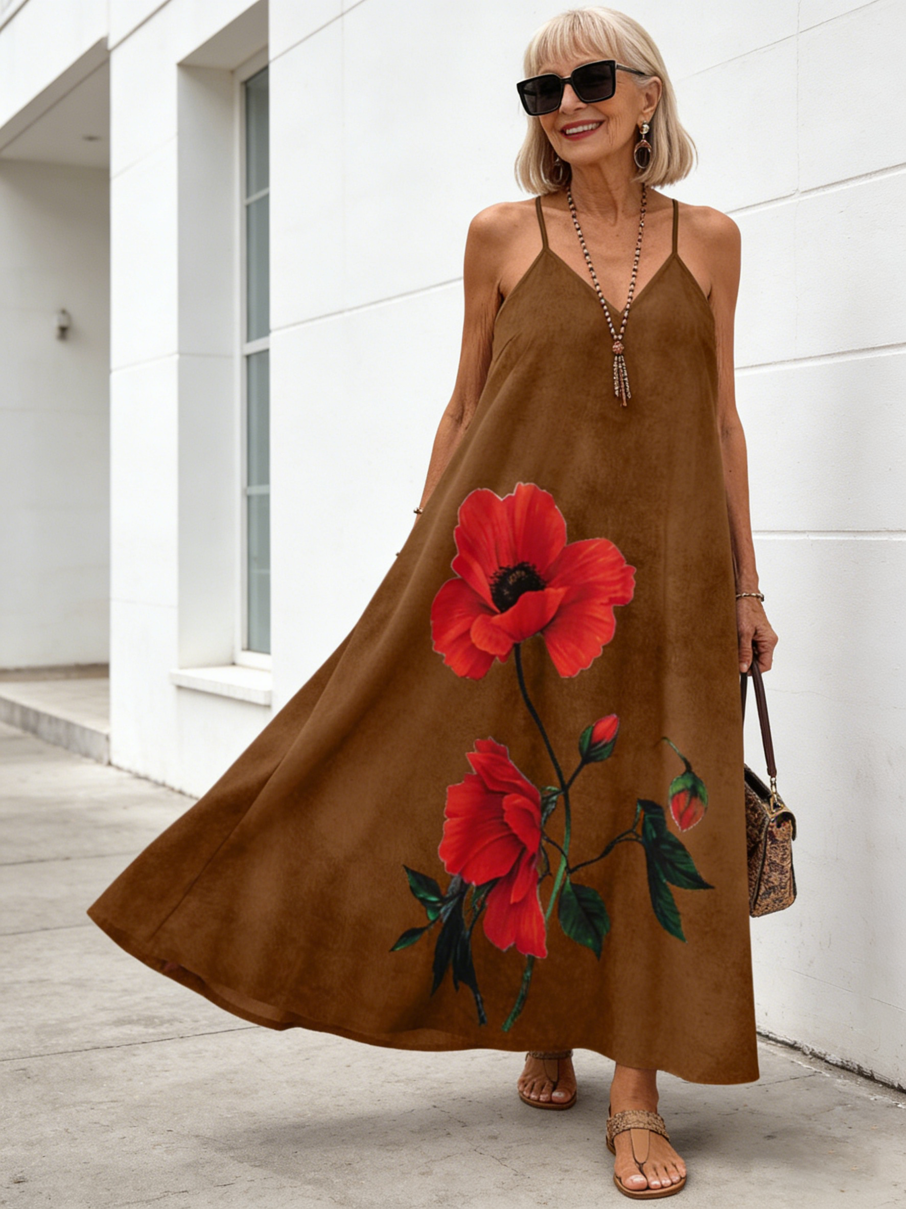 Beach V-neck Slip Print Dress Women's Clothing