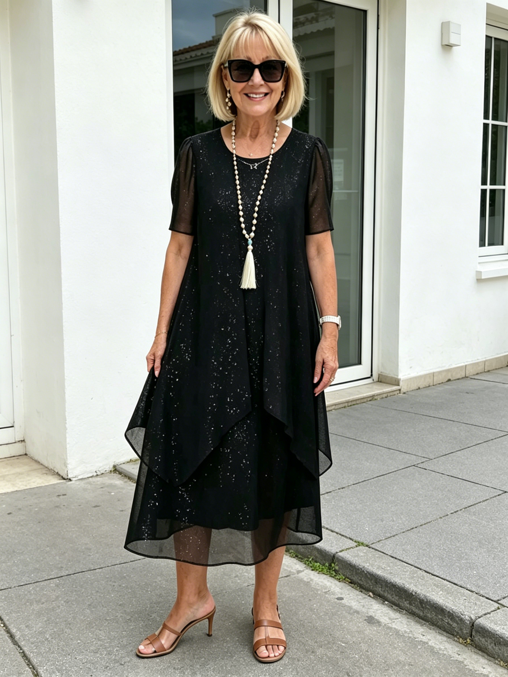 Black Glitter Chiffon Layered Midi Dress, Loose Tummy Concealing Short Sleeve Elegant Dress for Mature Women
