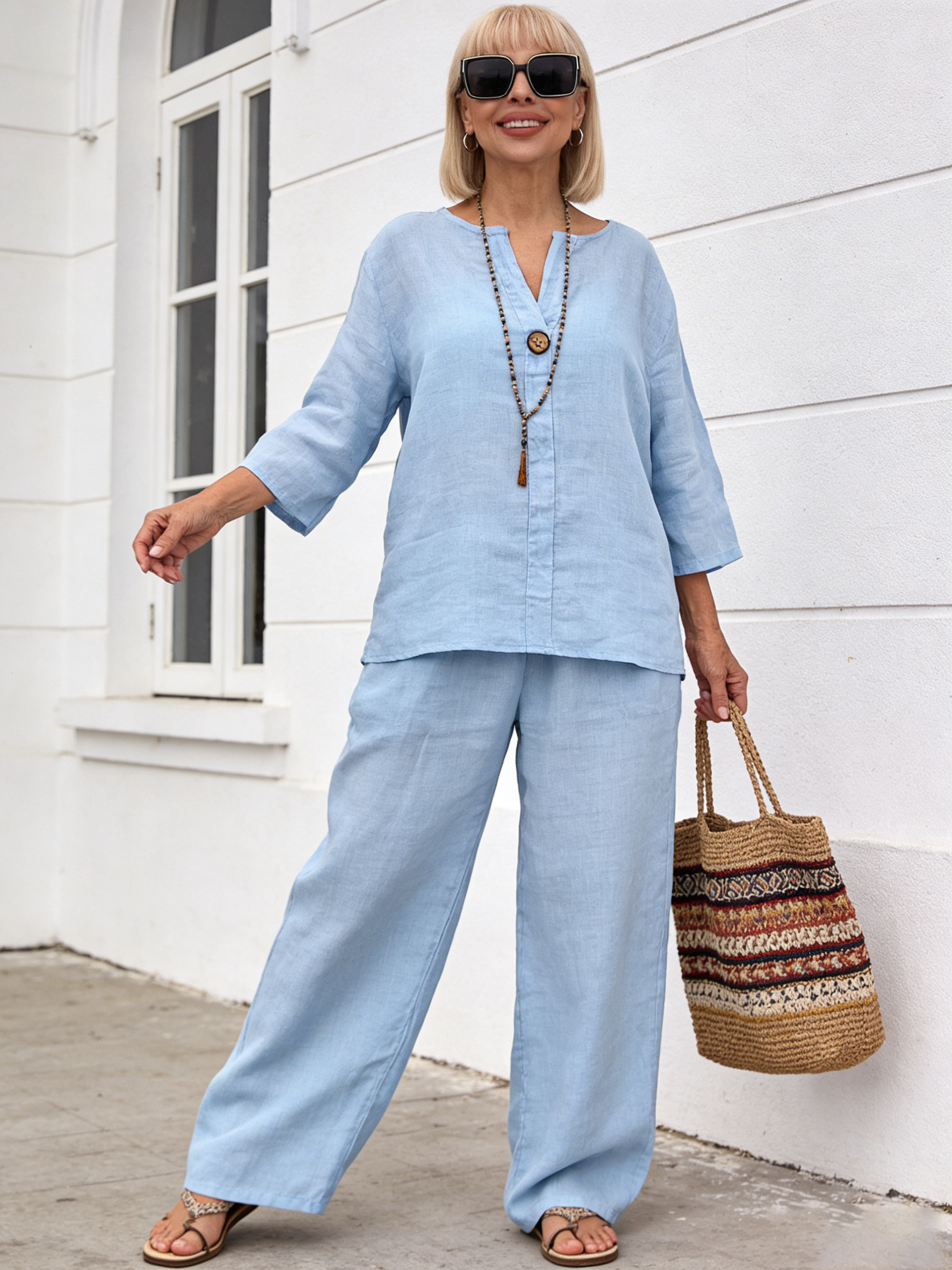 2Pcs Women's Comfortable Loose Top Wide Leg Pants Casual Cotton and Linen Set