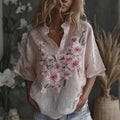 Vintage Sakura Flower Embroidered Short Sleeve Stand Collar Linen Shirt