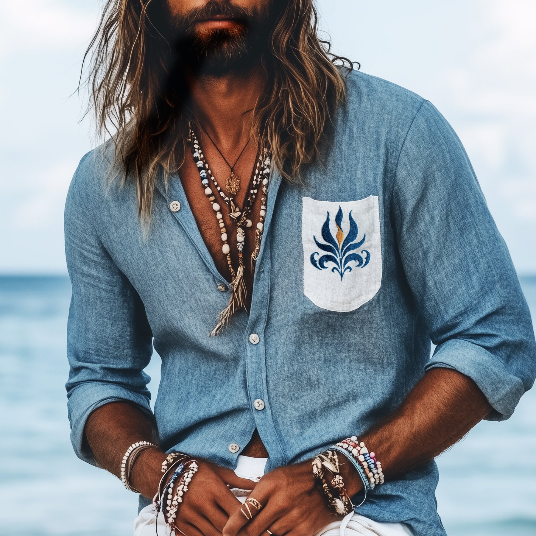 Men's Casual Retro Cotton And Linen Embroidered Shirt