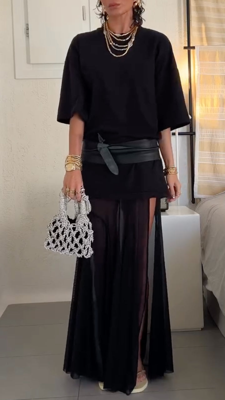 Black Oversized Top & Sheer Maxi Skirt Set