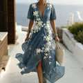 Women's Vintage Floral Art Casual V Neck Linen Maxi Dress